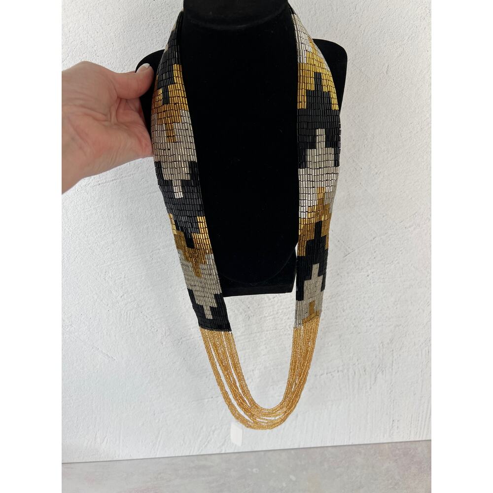 Himalayan Nepal Black‎ and Gold Hand Beaded Necklace/ 18.5” Long